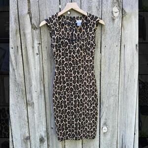 2012 CACHE Leopard Animal Print Scoop Neck Cocktail Dress XS Dance Bodycon Midi